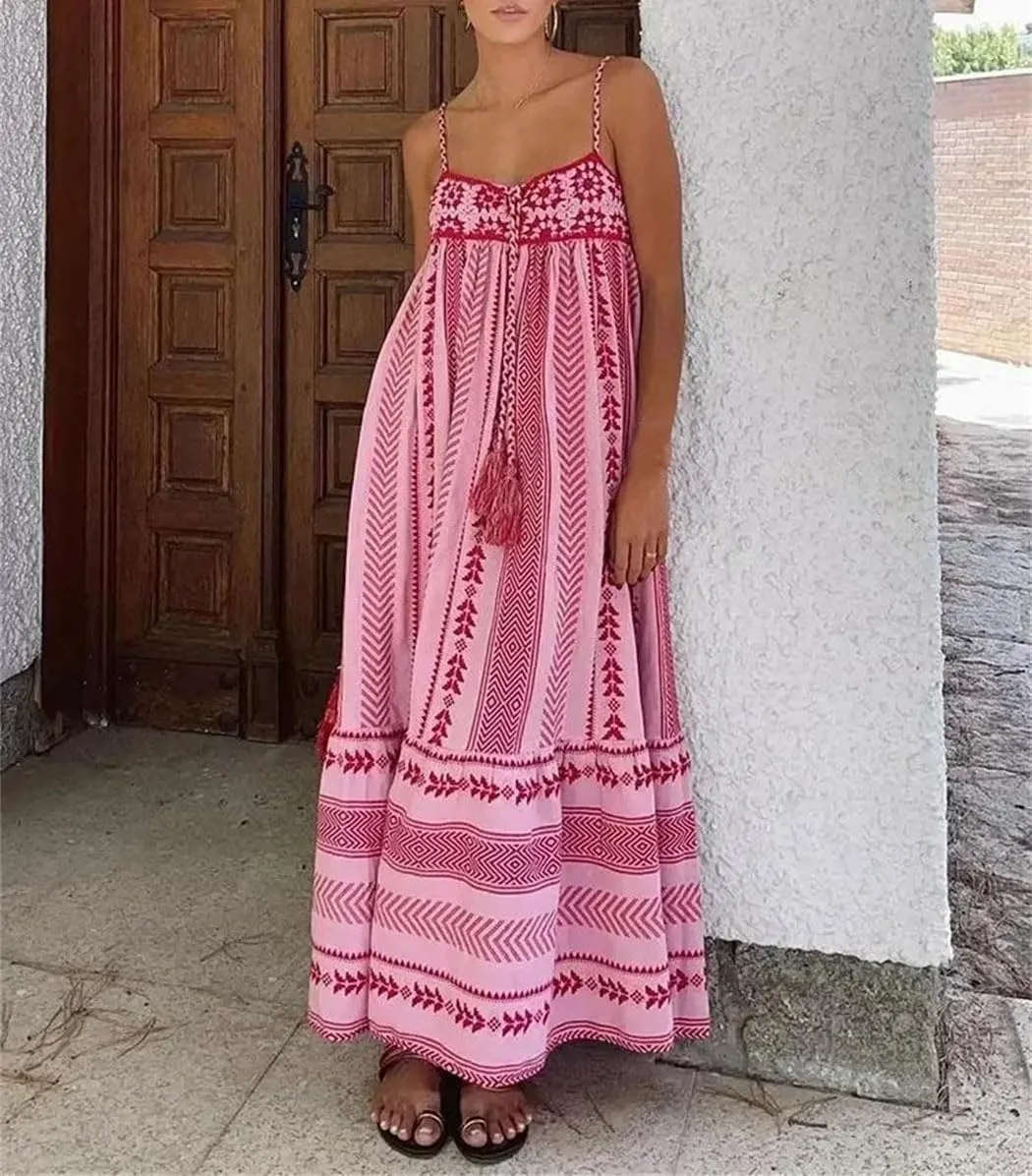 Women Bohemian Midi Dress Vacation Splice Knitted Vintage Strap Dress Women Casual Clothing