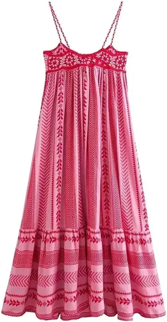 Women Bohemian Midi Dress Vacation Splice Knitted Vintage Strap Dress Women Casual Clothing