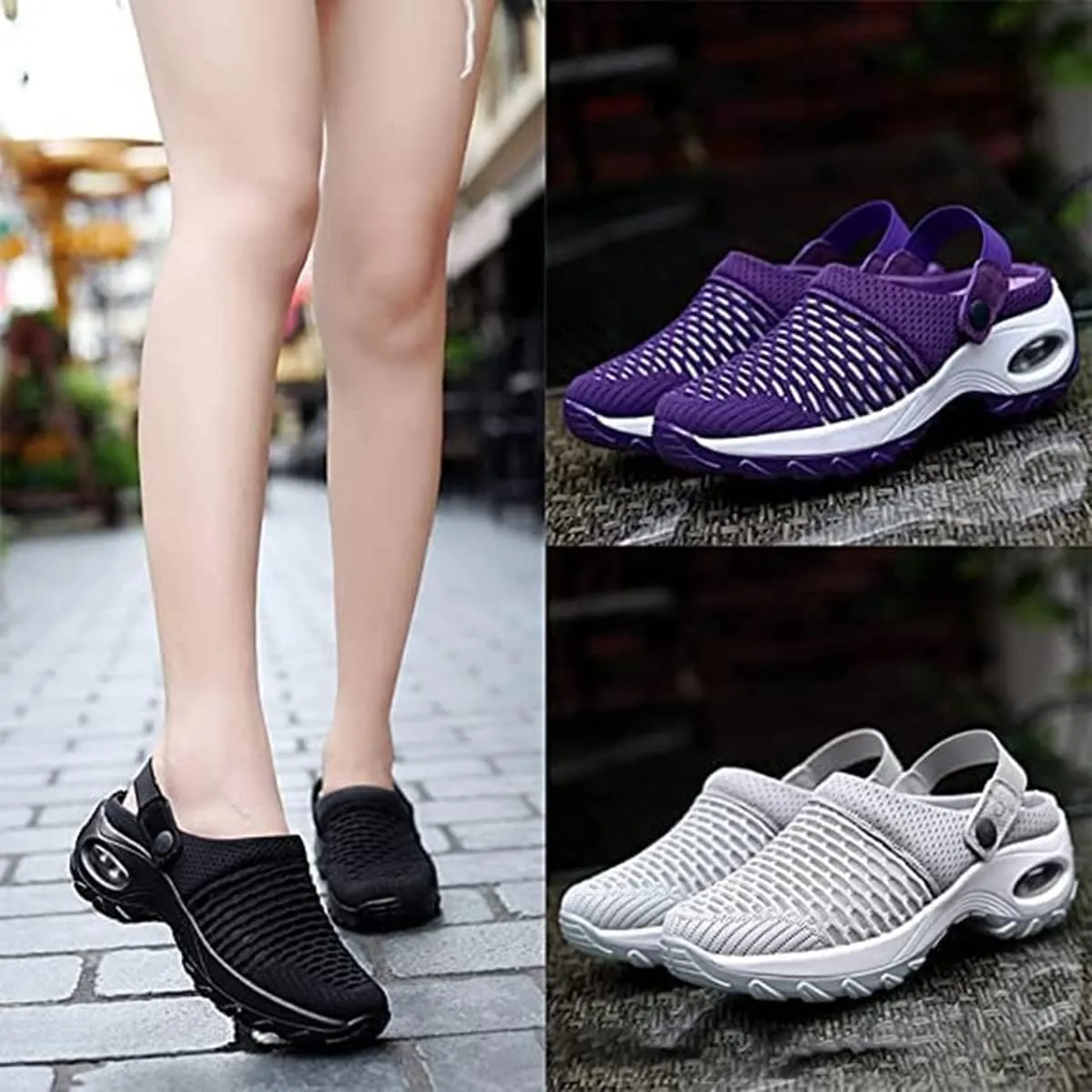 Women Diabetic Walking Air Cushion Slip-On Orthopedic Sandals,2023 New Air Cushion Platform Mesh Sneaker Sandals with Arch Support (6.5,Black)