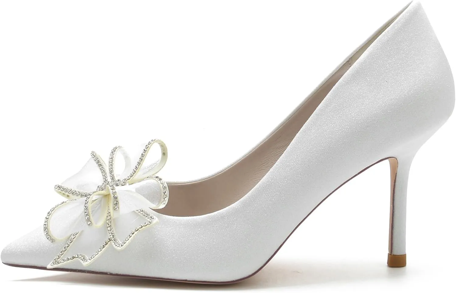 Women Elegant Pointed Toe Stilettos High Heel Pump Slip On Rhinestones Flower Mesh Bridal Wedding Party Dress Shoes