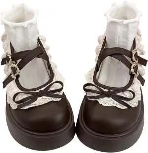 Women Lolita Shoes Heel Mary Jane Lace Pumps with Bow Kawaii Cute Cosplay Wedge Boots Cross Strap Block Heel Sweet Style