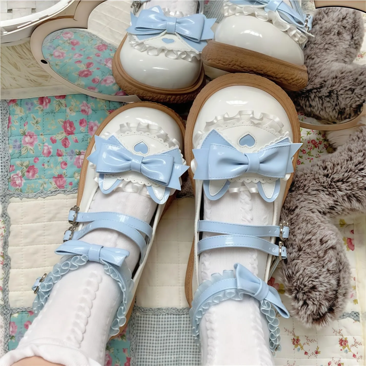 Women Lolita Shoes Heel Mary Jane Lace Pumps with Bow Kawaii Cute Cosplay Wedge Boots Cross Strap Block Heel Sweet Style