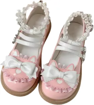Women Lolita Shoes Heel Mary Jane Lace Pumps with Bow Kawaii Cute Cosplay Wedge Boots Cross Strap Block Heel Sweet Style