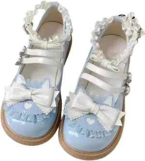 Women Lolita Shoes Heel Mary Jane Lace Pumps with Bow Kawaii Cute Cosplay Wedge Boots Cross Strap Block Heel Sweet Style