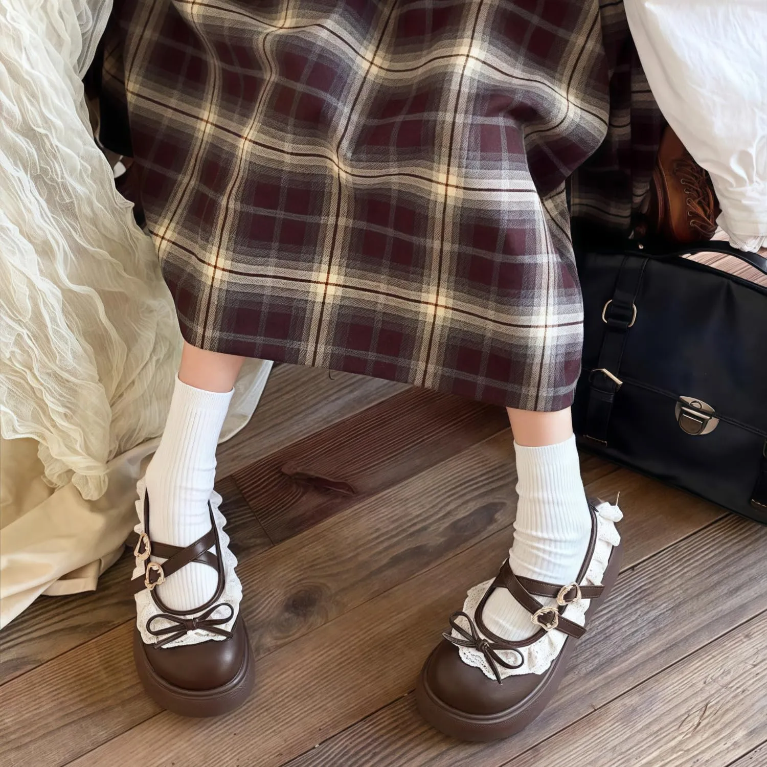 Women Lolita Shoes Heel Mary Jane Lace Pumps with Bow Kawaii Cute Cosplay Wedge Boots Cross Strap Block Heel Sweet Style