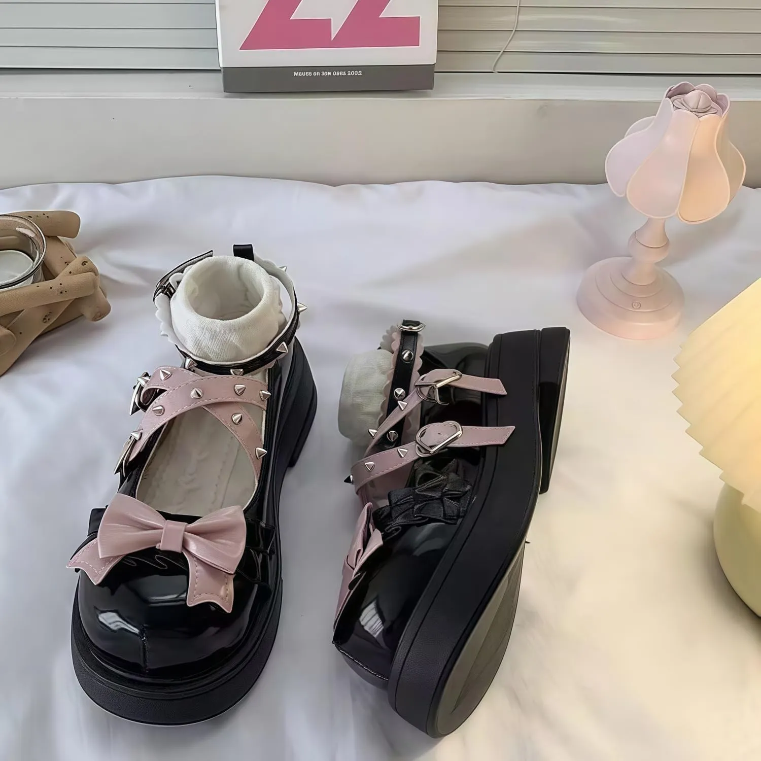 Women Lolita Shoes Heel Mary Jane Lace Pumps with Bow Kawaii Cute Cosplay Wedge Boots Cross Strap Block Heel Sweet Style