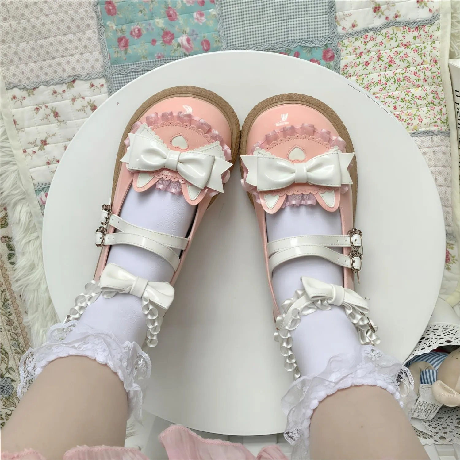 Women Lolita Shoes Heel Mary Jane Lace Pumps with Bow Kawaii Cute Cosplay Wedge Boots Cross Strap Block Heel Sweet Style
