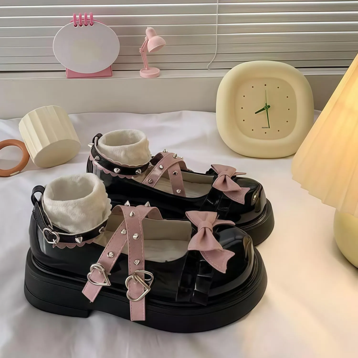 Women Lolita Shoes Heel Mary Jane Lace Pumps with Bow Kawaii Cute Cosplay Wedge Boots Cross Strap Block Heel Sweet Style