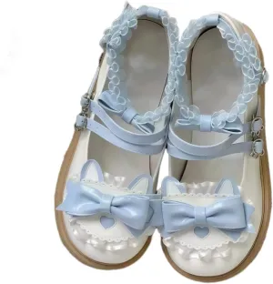 Women Lolita Shoes Heel Mary Jane Lace Pumps with Bow Kawaii Cute Cosplay Wedge Boots Cross Strap Block Heel Sweet Style