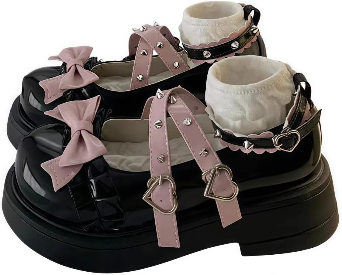Women Lolita Shoes Heel Mary Jane Lace Pumps with Bow Kawaii Cute Cosplay Wedge Boots Cross Strap Block Heel Sweet Style