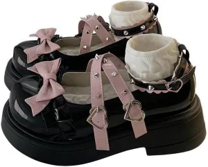 Women Lolita Shoes Heel Mary Jane Lace Pumps with Bow Kawaii Cute Cosplay Wedge Boots Cross Strap Block Heel Sweet Style