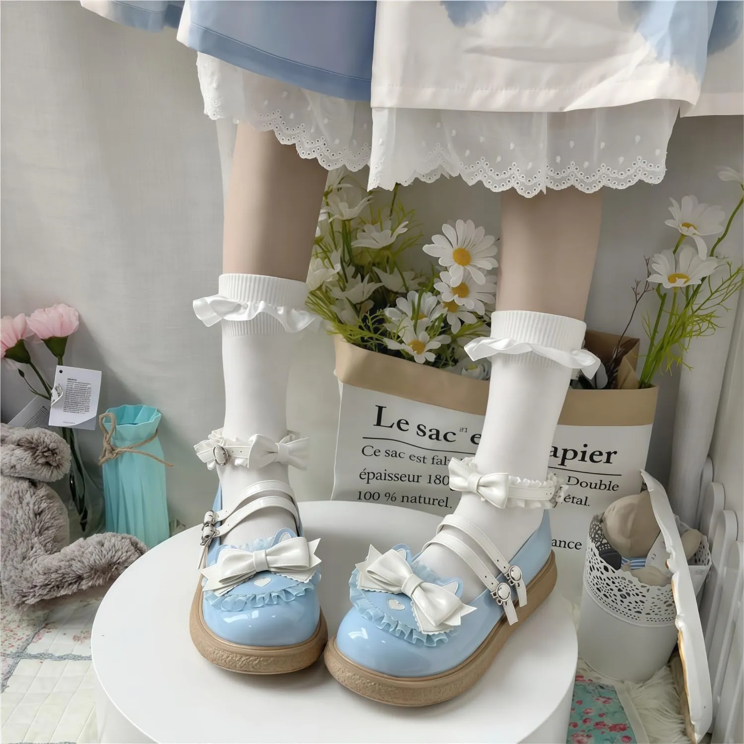 Women Lolita Shoes Heel Mary Jane Lace Pumps with Bow Kawaii Cute Cosplay Wedge Boots Cross Strap Block Heel Sweet Style