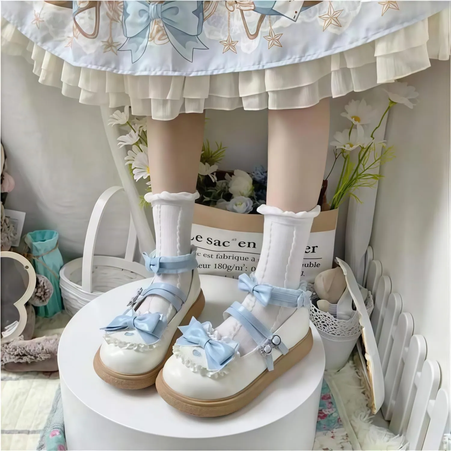 Women Lolita Shoes Heel Mary Jane Lace Pumps with Bow Kawaii Cute Cosplay Wedge Boots Cross Strap Block Heel Sweet Style