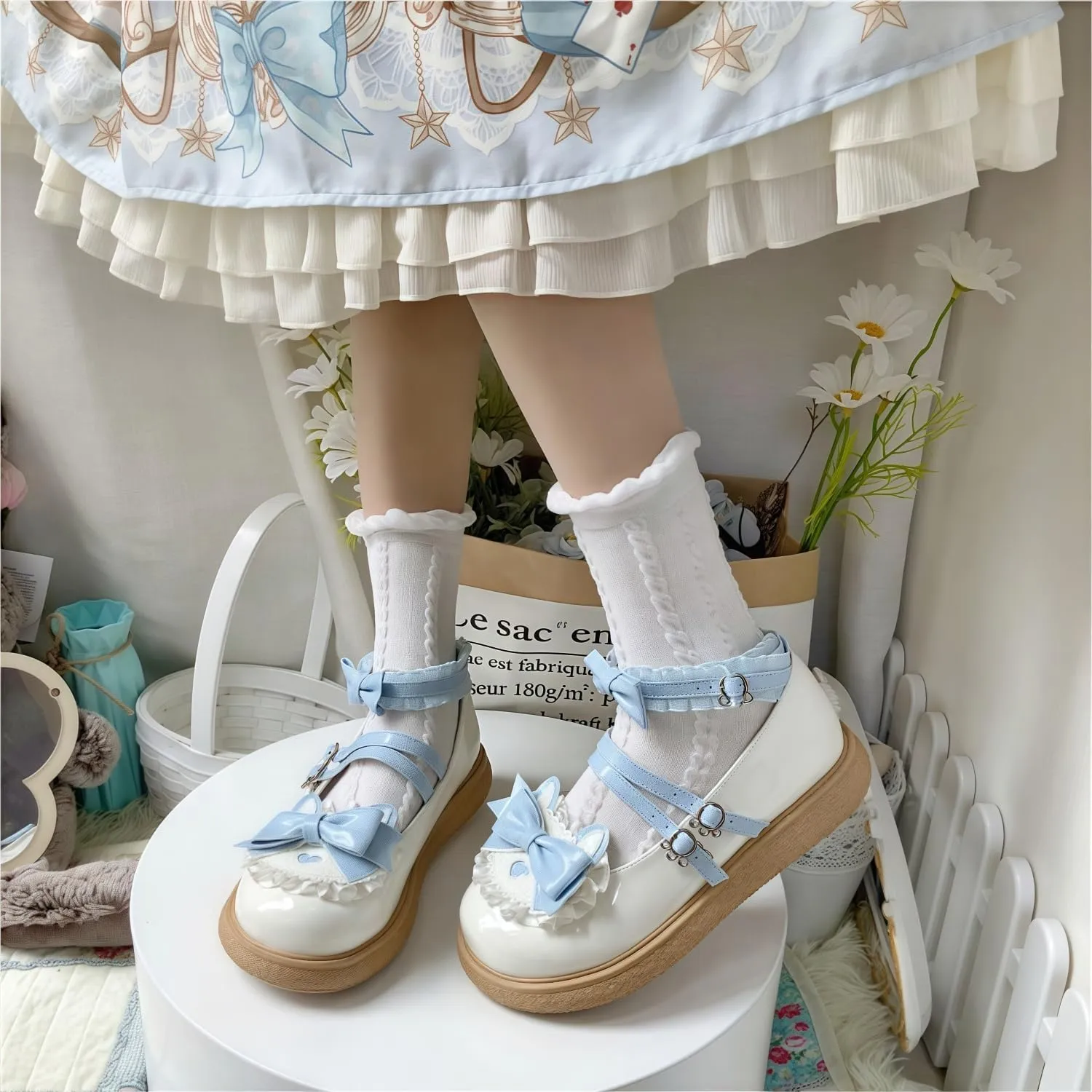 Women Lolita Shoes Heel Mary Jane Lace Pumps with Bow Kawaii Cute Cosplay Wedge Boots Cross Strap Block Heel Sweet Style