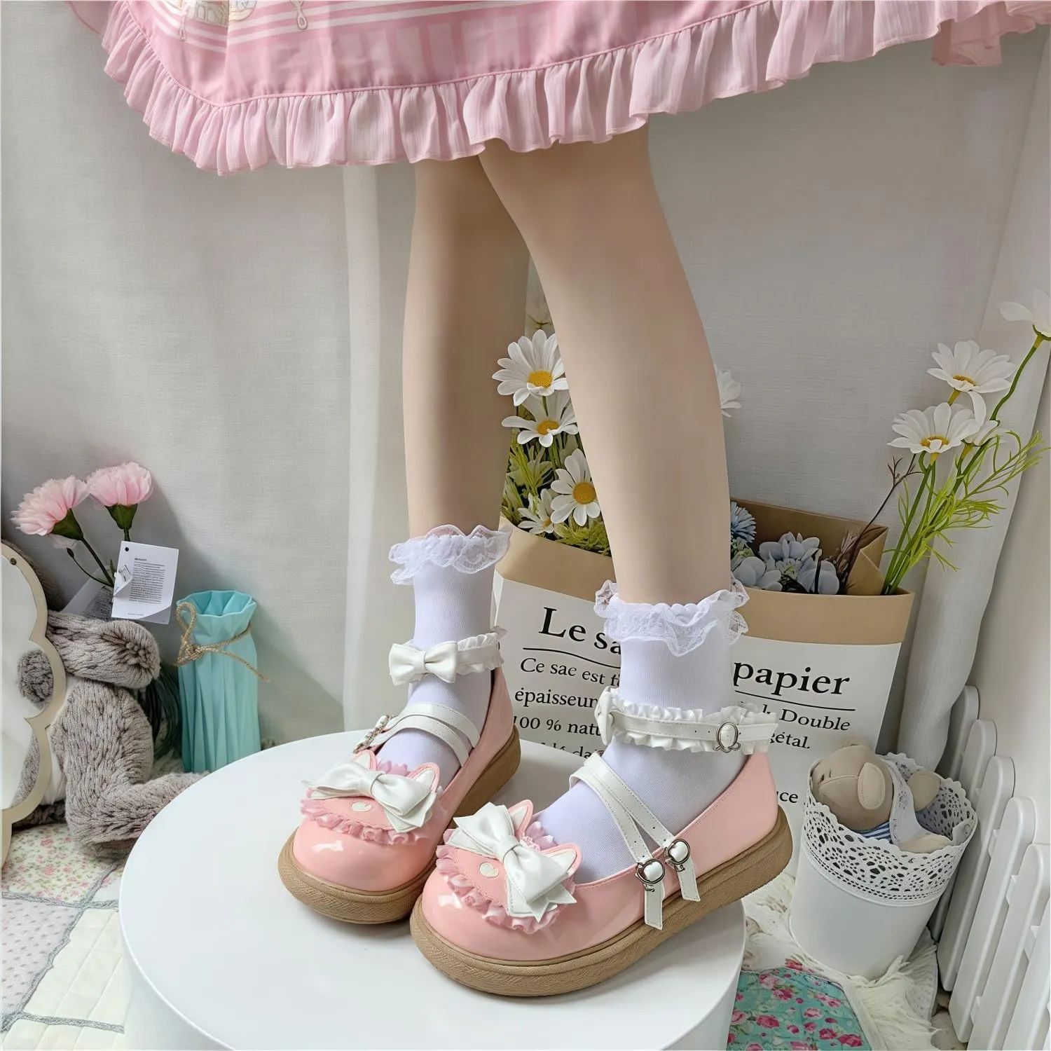 Women Lolita Shoes Heel Mary Jane Lace Pumps with Bow Kawaii Cute Cosplay Wedge Boots Cross Strap Block Heel Sweet Style