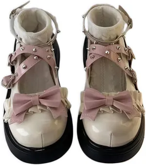 Women Lolita Shoes Heel Mary Jane Lace Pumps with Bow Kawaii Cute Cosplay Wedge Boots Cross Strap Block Heel Sweet Style
