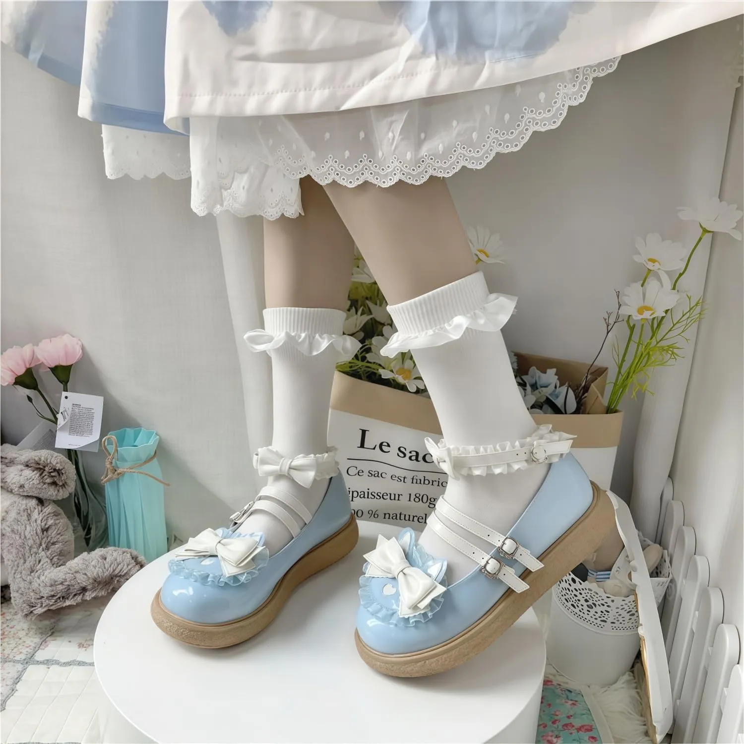 Women Lolita Shoes Heel Mary Jane Lace Pumps with Bow Kawaii Cute Cosplay Wedge Boots Cross Strap Block Heel Sweet Style
