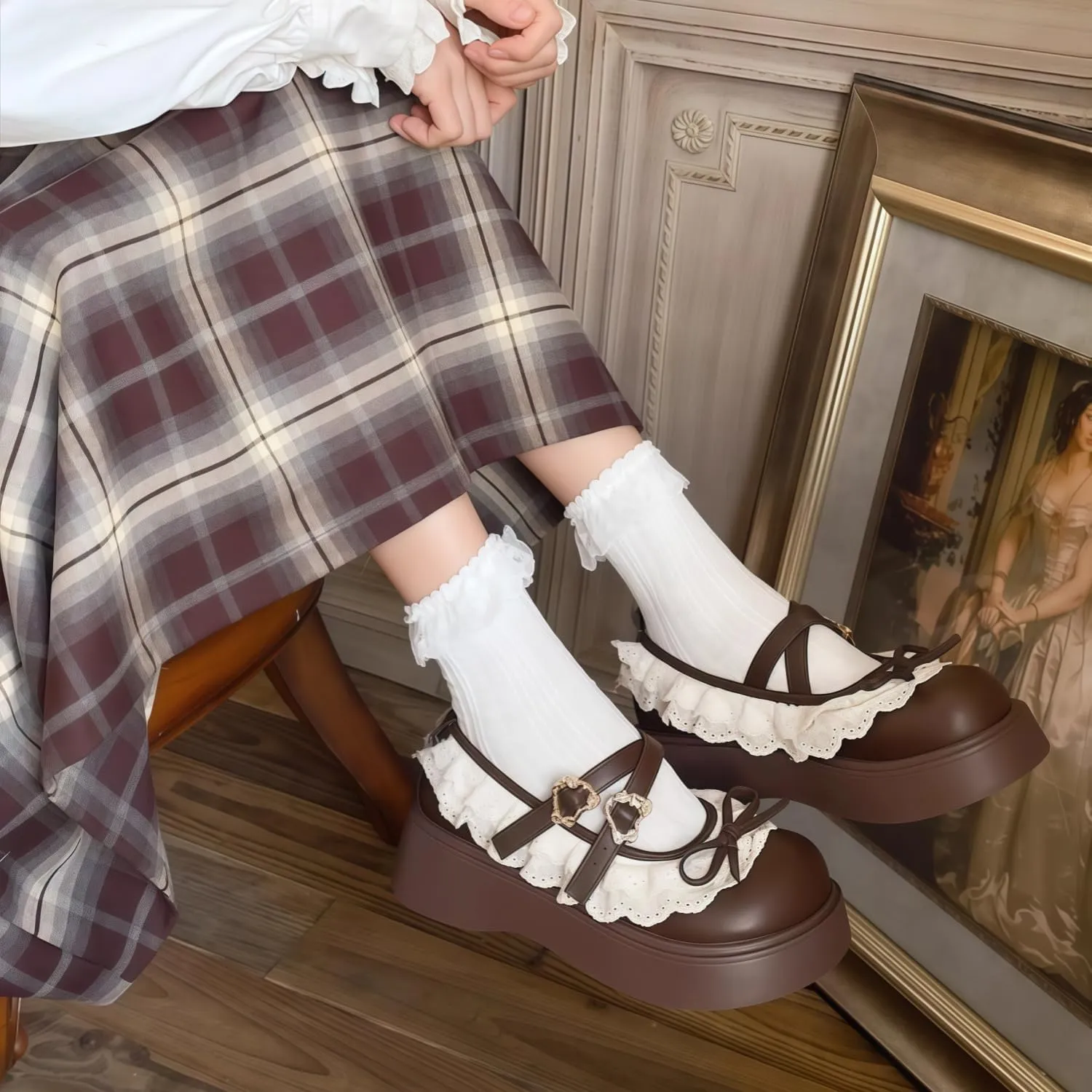 Women Lolita Shoes Heel Mary Jane Lace Pumps with Bow Kawaii Cute Cosplay Wedge Boots Cross Strap Block Heel Sweet Style