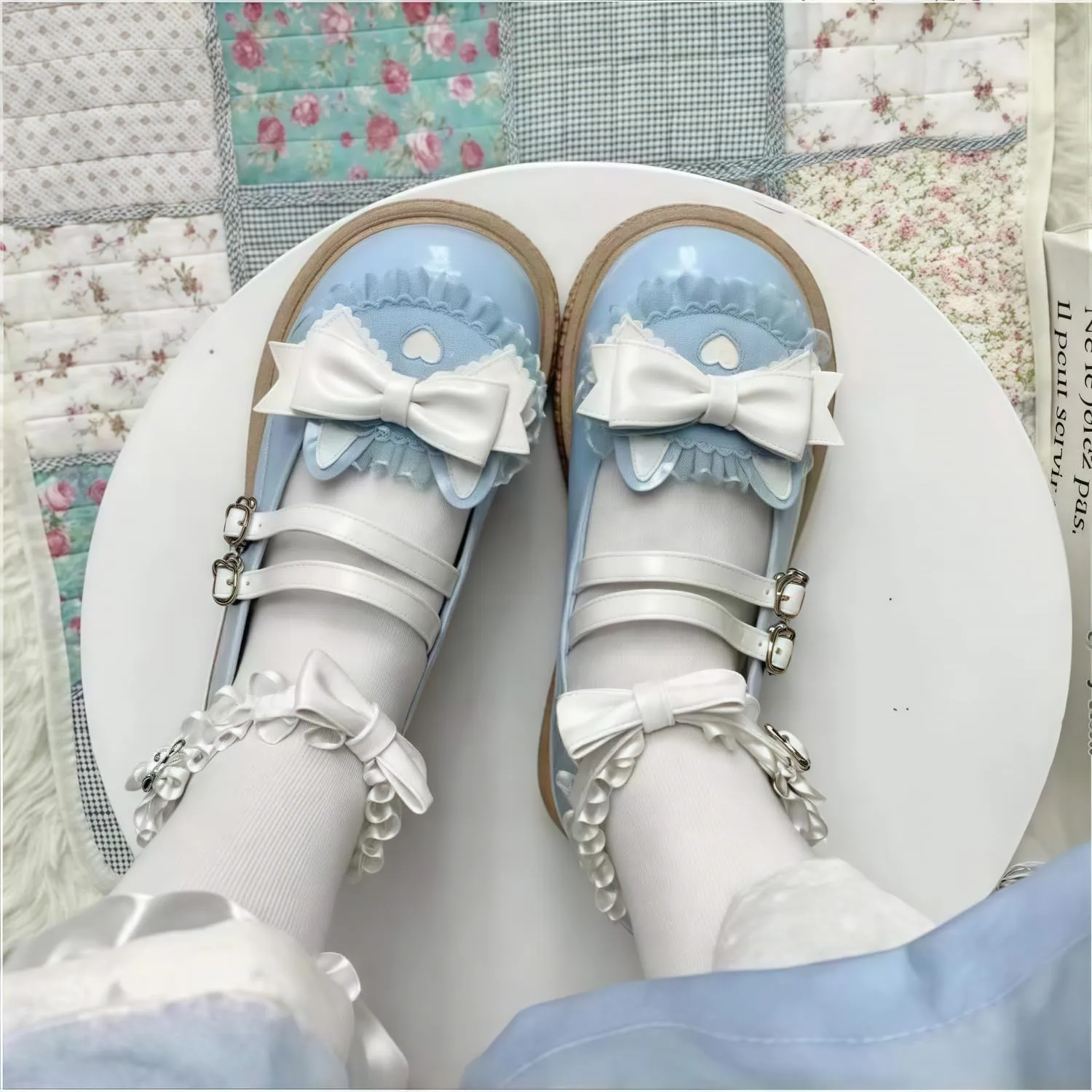 Women Lolita Shoes Heel Mary Jane Lace Pumps with Bow Kawaii Cute Cosplay Wedge Boots Cross Strap Block Heel Sweet Style