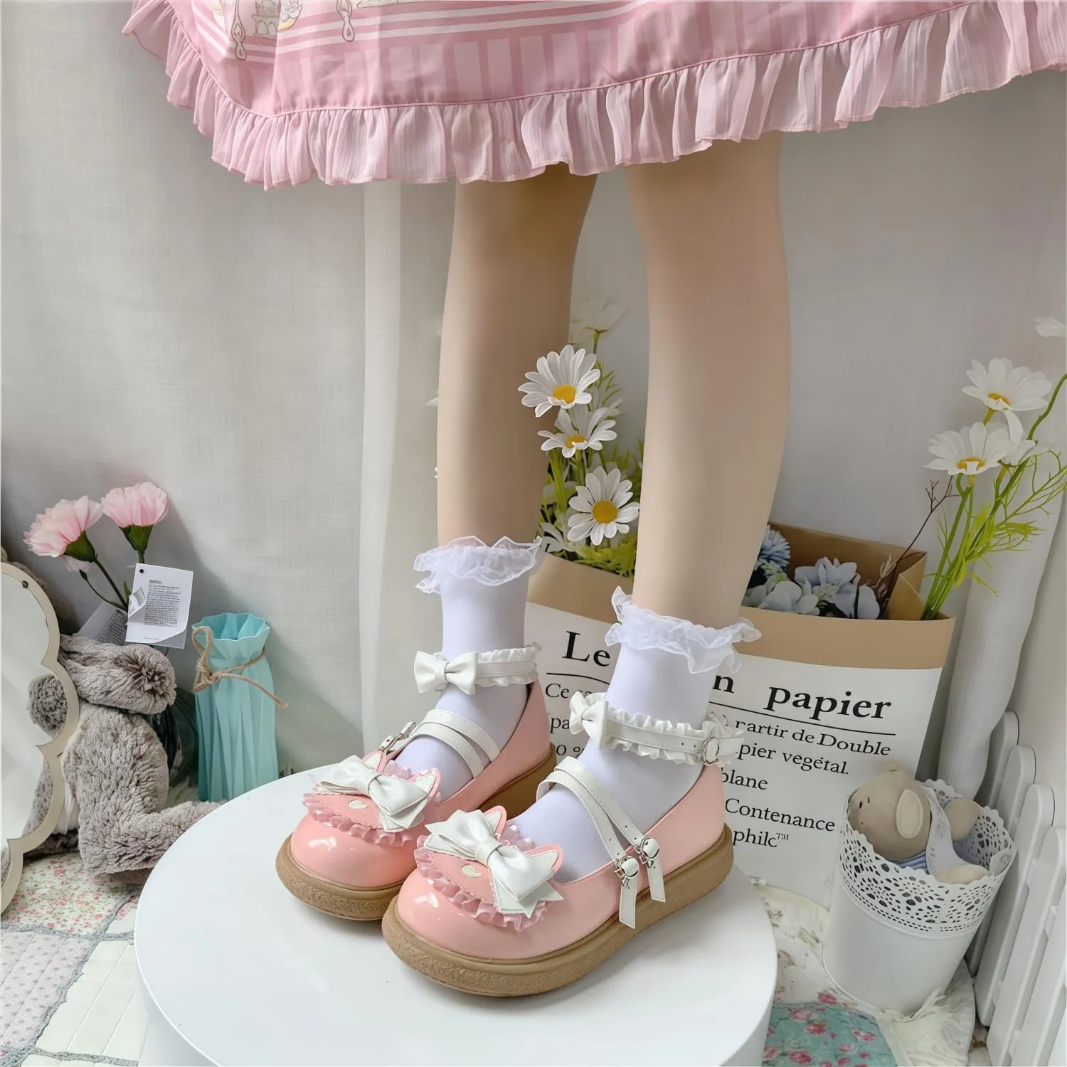 Women Lolita Shoes Heel Mary Jane Lace Pumps with Bow Kawaii Cute Cosplay Wedge Boots Cross Strap Block Heel Sweet Style