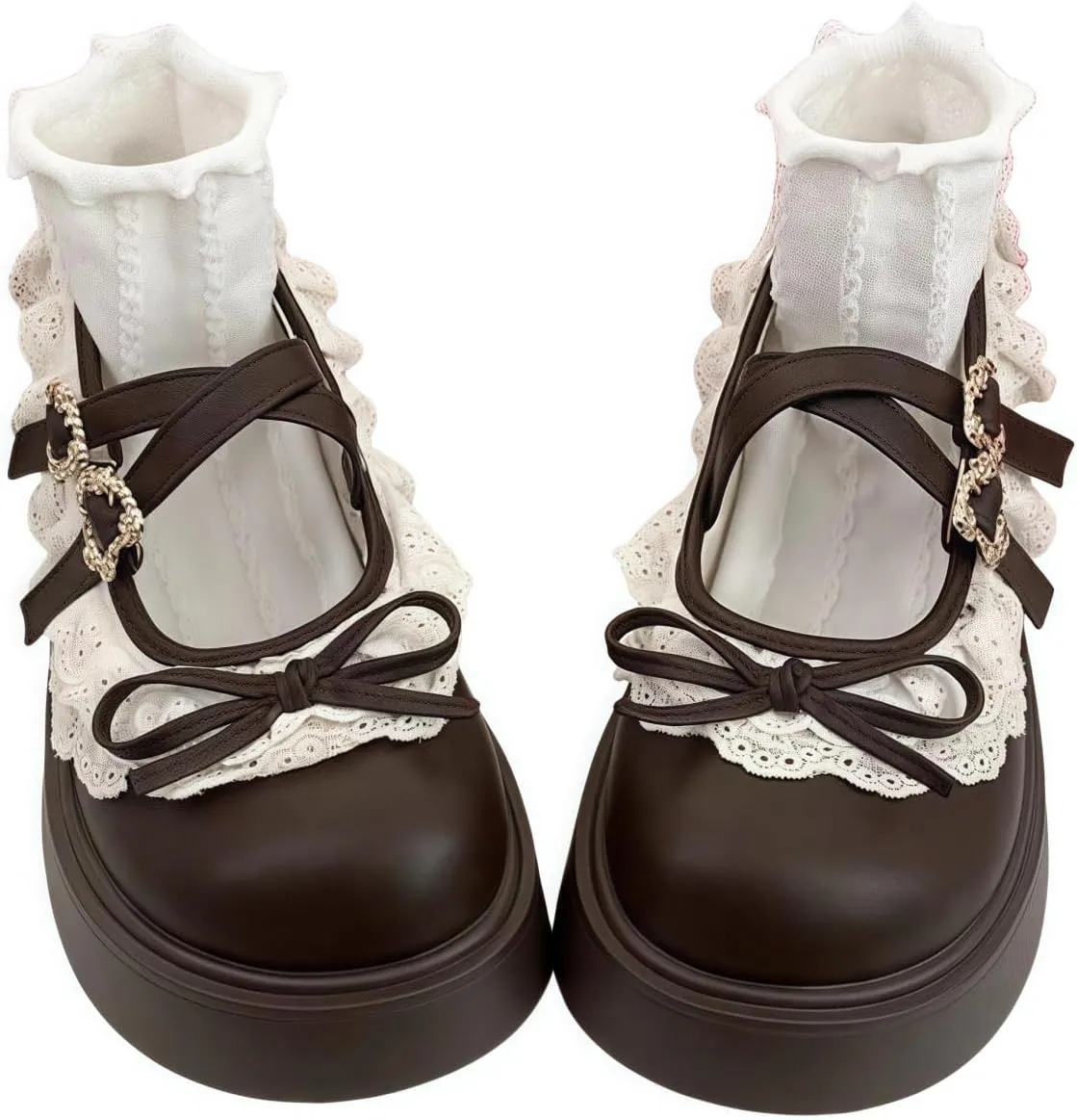 Women Lolita Shoes Heel Mary Jane Lace Pumps with Bow Kawaii Cute Cosplay Wedge Boots Cross Strap Block Heel Sweet Style