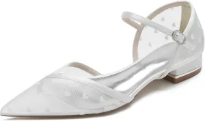 Women Pointed Satin Mesh Closed Toe Bridal Ankle Buckle Shoes Wedding Shoes Low Heel Ballet Flat Sandles
