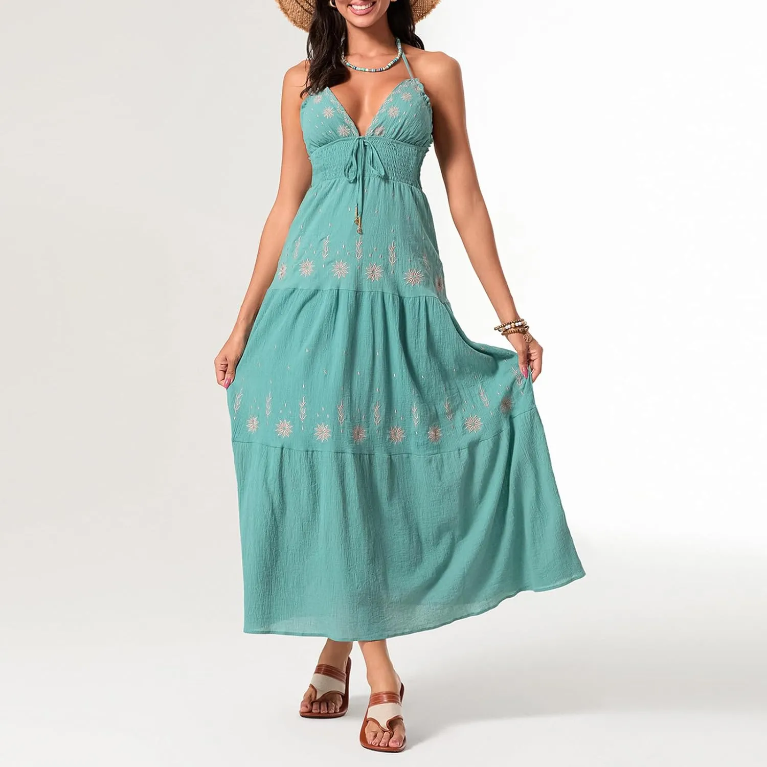 Women Sexy Tie-Up Halter Neck Dress Flower Embroidery Backless Flowy Boho Maxi Dress Tiered Summer Sundress