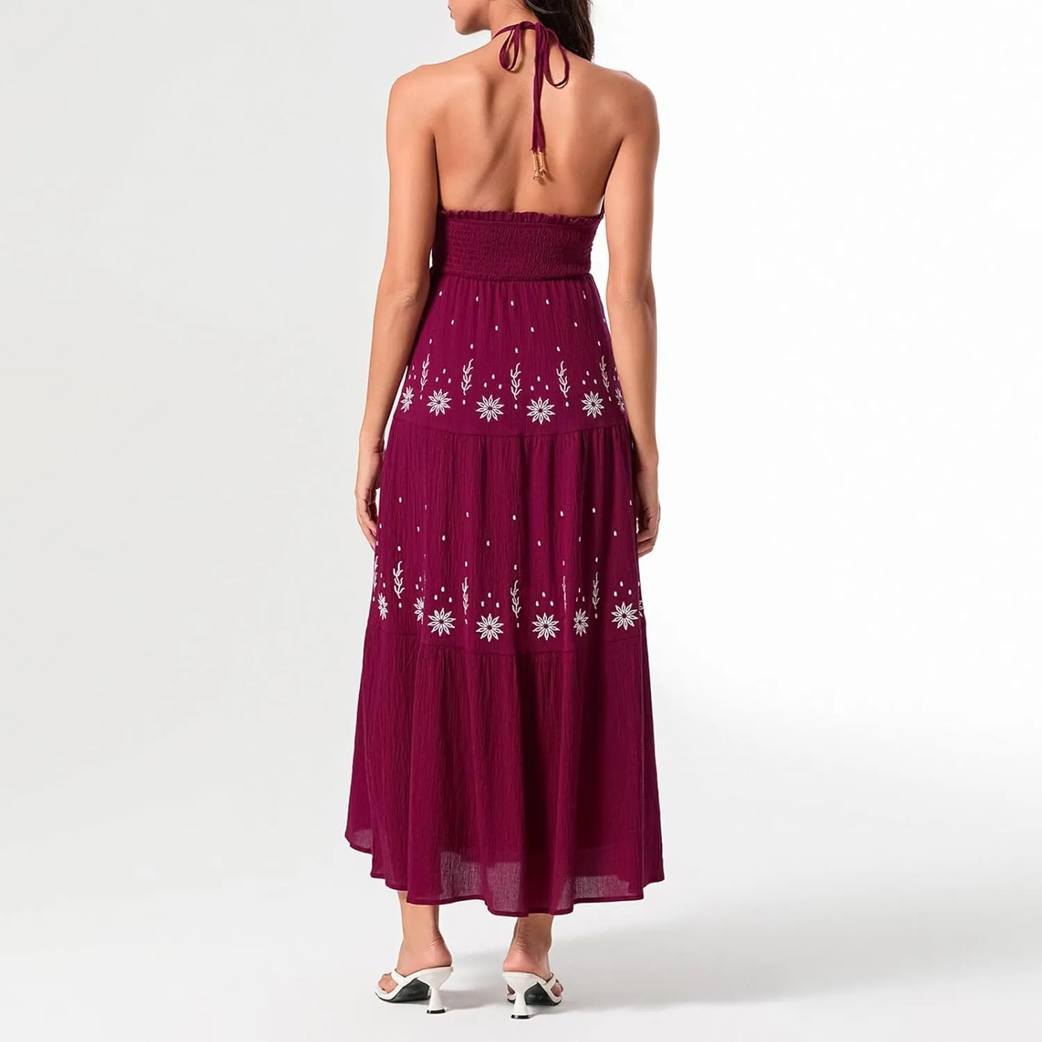 Women Sexy Tie-Up Halter Neck Dress Flower Embroidery Backless Flowy Boho Maxi Dress Tiered Summer Sundress