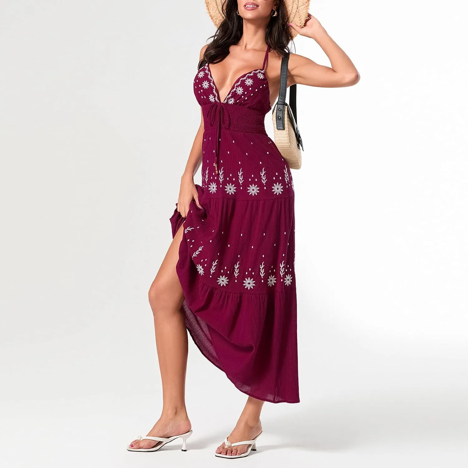 Women Sexy Tie-Up Halter Neck Dress Flower Embroidery Backless Flowy Boho Maxi Dress Tiered Summer Sundress
