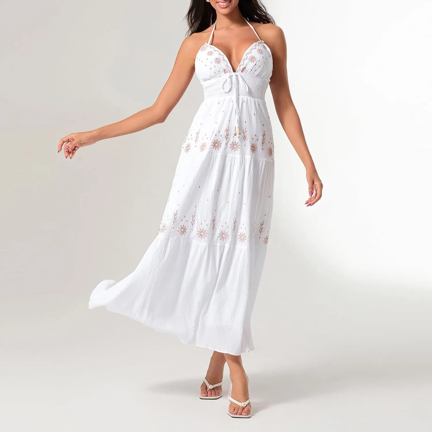 Women Sexy Tie-Up Halter Neck Dress Flower Embroidery Backless Flowy Boho Maxi Dress Tiered Summer Sundress