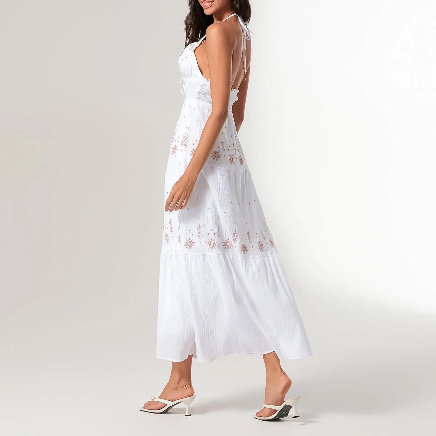 Women Sexy Tie-Up Halter Neck Dress Flower Embroidery Backless Flowy Boho Maxi Dress Tiered Summer Sundress