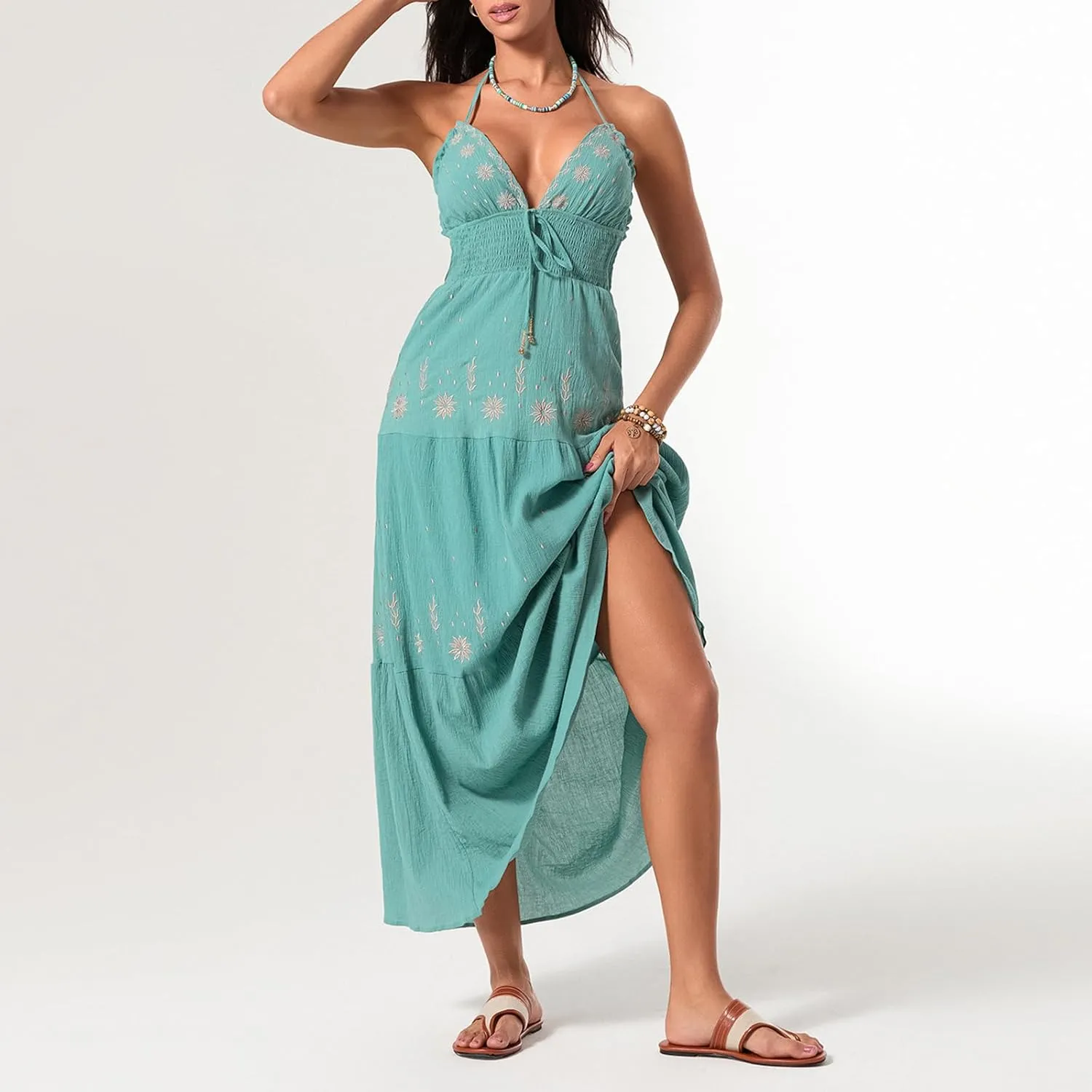Women Sexy Tie-Up Halter Neck Dress Flower Embroidery Backless Flowy Boho Maxi Dress Tiered Summer Sundress