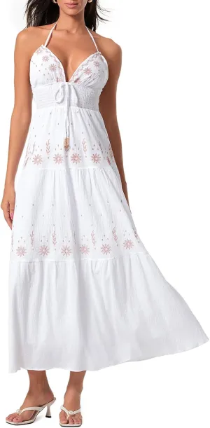 Women Sexy Tie-Up Halter Neck Dress Flower Embroidery Backless Flowy Boho Maxi Dress Tiered Summer Sundress