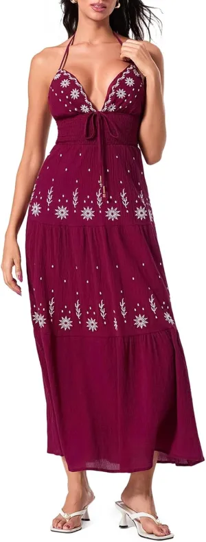 Women Sexy Tie-Up Halter Neck Dress Flower Embroidery Backless Flowy Boho Maxi Dress Tiered Summer Sundress