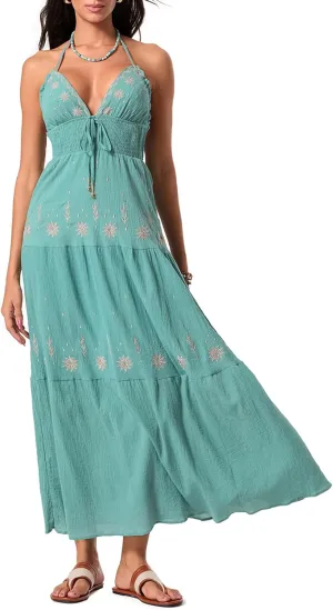 Women Sexy Tie-Up Halter Neck Dress Flower Embroidery Backless Flowy Boho Maxi Dress Tiered Summer Sundress