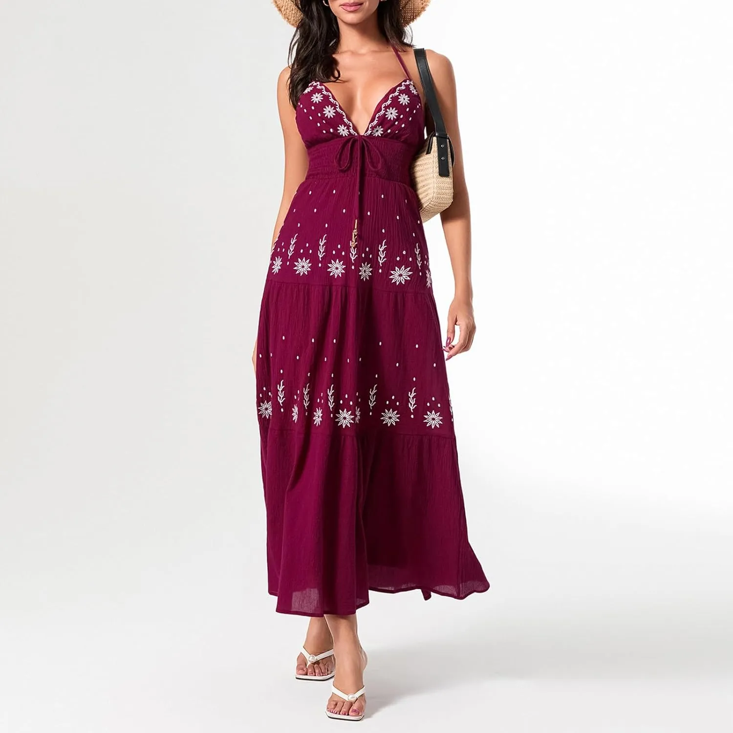 Women Sexy Tie-Up Halter Neck Dress Flower Embroidery Backless Flowy Boho Maxi Dress Tiered Summer Sundress