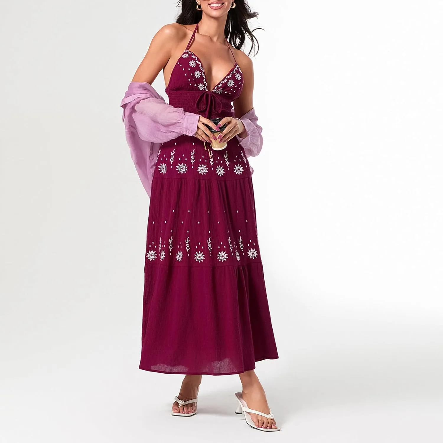 Women Sexy Tie-Up Halter Neck Dress Flower Embroidery Backless Flowy Boho Maxi Dress Tiered Summer Sundress