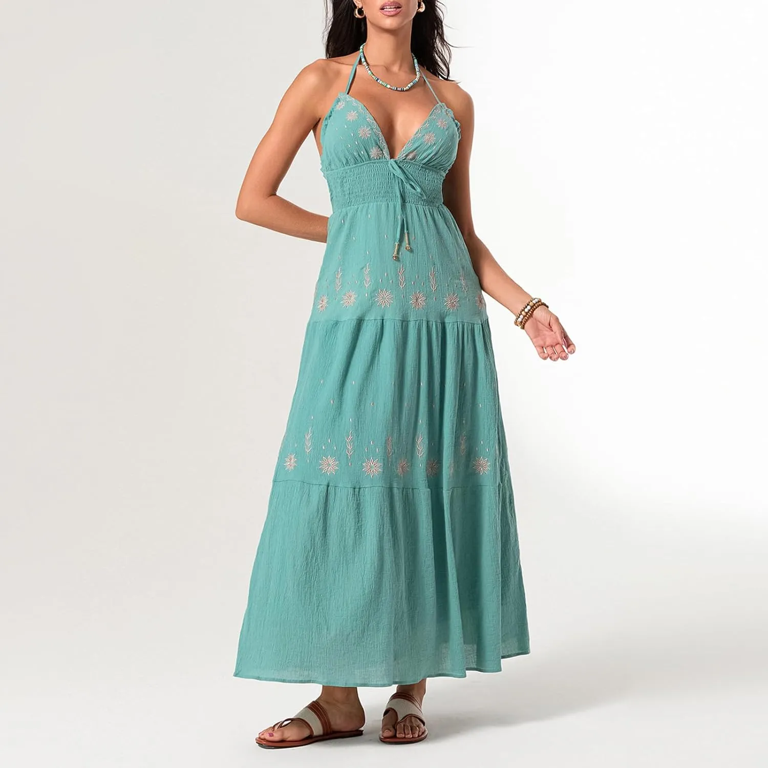 Women Sexy Tie-Up Halter Neck Dress Flower Embroidery Backless Flowy Boho Maxi Dress Tiered Summer Sundress