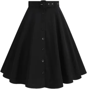 Women Single Breasted High Waist Loose Skirt Summer Vintage Solid Elegant A-Line Skirts