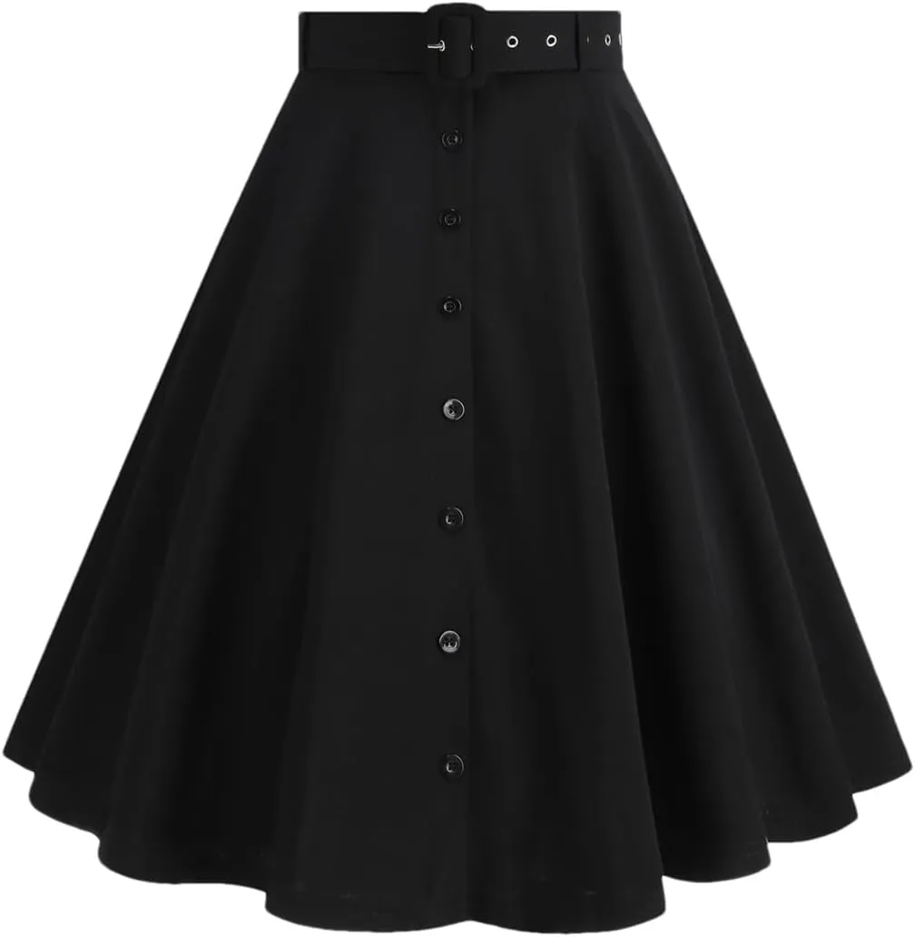 Women Single Breasted High Waist Loose Skirt Summer Vintage Solid Elegant A-Line Skirts