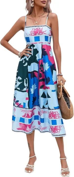 Women Summer Casual A-line Dress Print Spaghetti Strap Backless Midi Dress Fashion Sleeveless Cami Dress