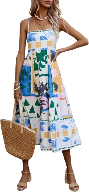 Women Summer Casual A-line Dress Print Spaghetti Strap Backless Midi Dress Fashion Sleeveless Cami Dress
