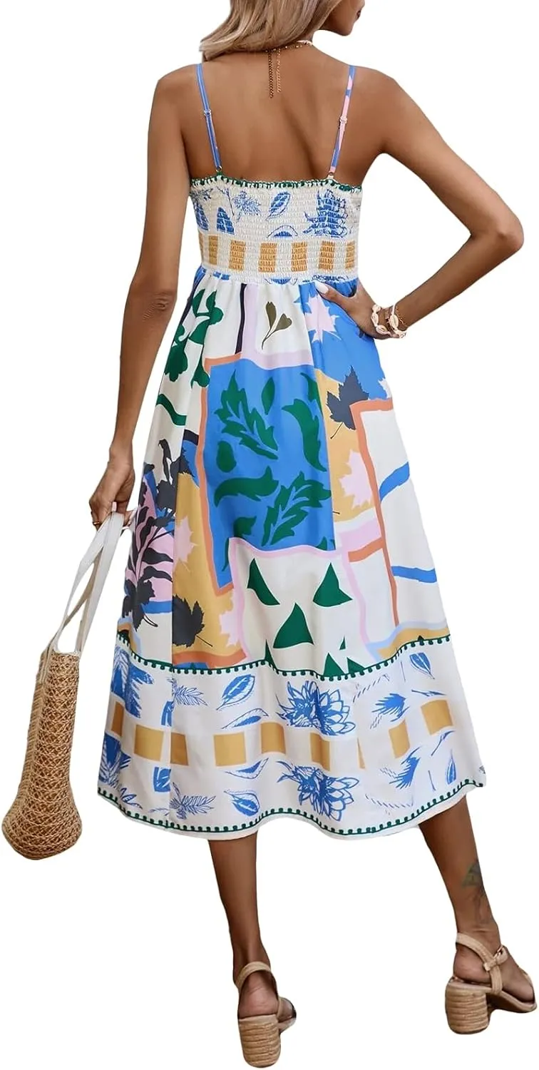 Women Summer Casual A-line Dress Print Spaghetti Strap Backless Midi Dress Fashion Sleeveless Cami Dress