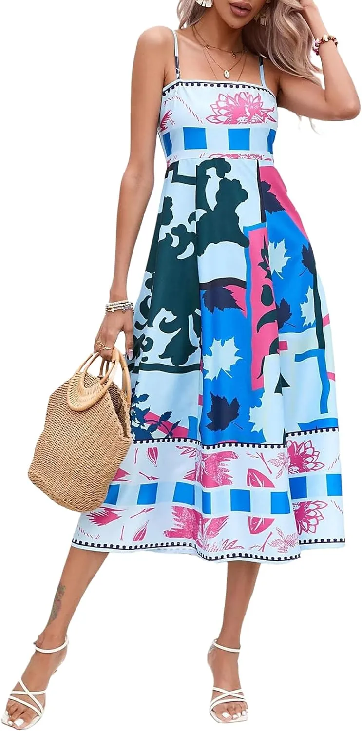 Women Summer Casual A-line Dress Print Spaghetti Strap Backless Midi Dress Fashion Sleeveless Cami Dress