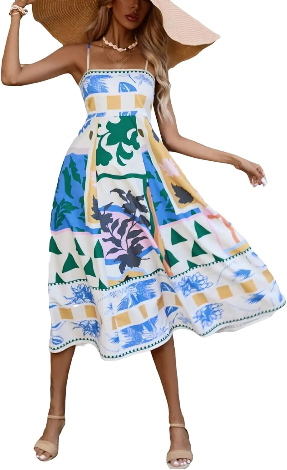Women Summer Casual A-line Dress Print Spaghetti Strap Backless Midi Dress Fashion Sleeveless Cami Dress
