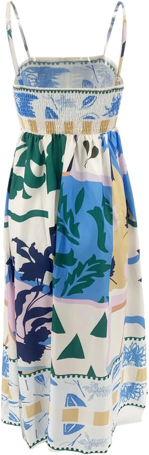 Women Summer Casual A-line Dress Print Spaghetti Strap Backless Midi Dress Fashion Sleeveless Cami Dress
