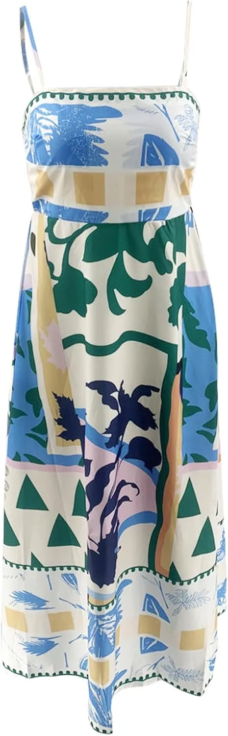 Women Summer Casual A-line Dress Print Spaghetti Strap Backless Midi Dress Fashion Sleeveless Cami Dress