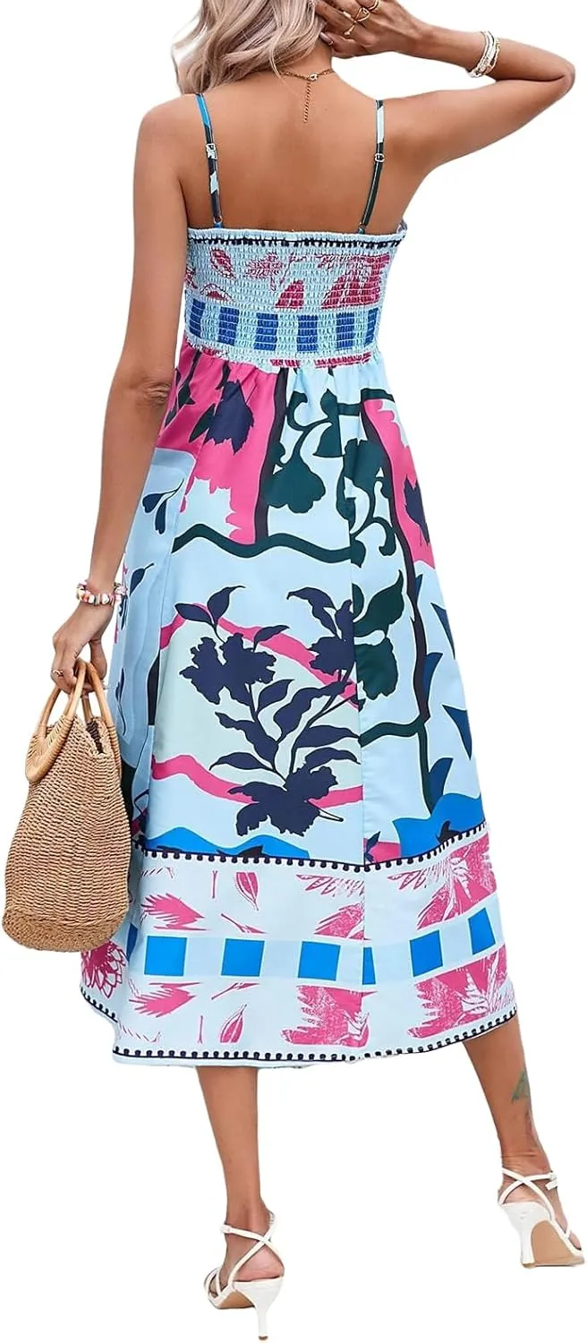 Women Summer Casual A-line Dress Print Spaghetti Strap Backless Midi Dress Fashion Sleeveless Cami Dress
