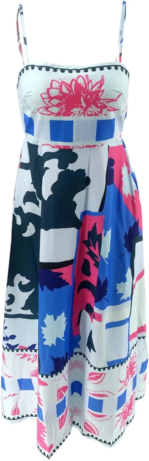 Women Summer Casual A-line Dress Print Spaghetti Strap Backless Midi Dress Fashion Sleeveless Cami Dress
