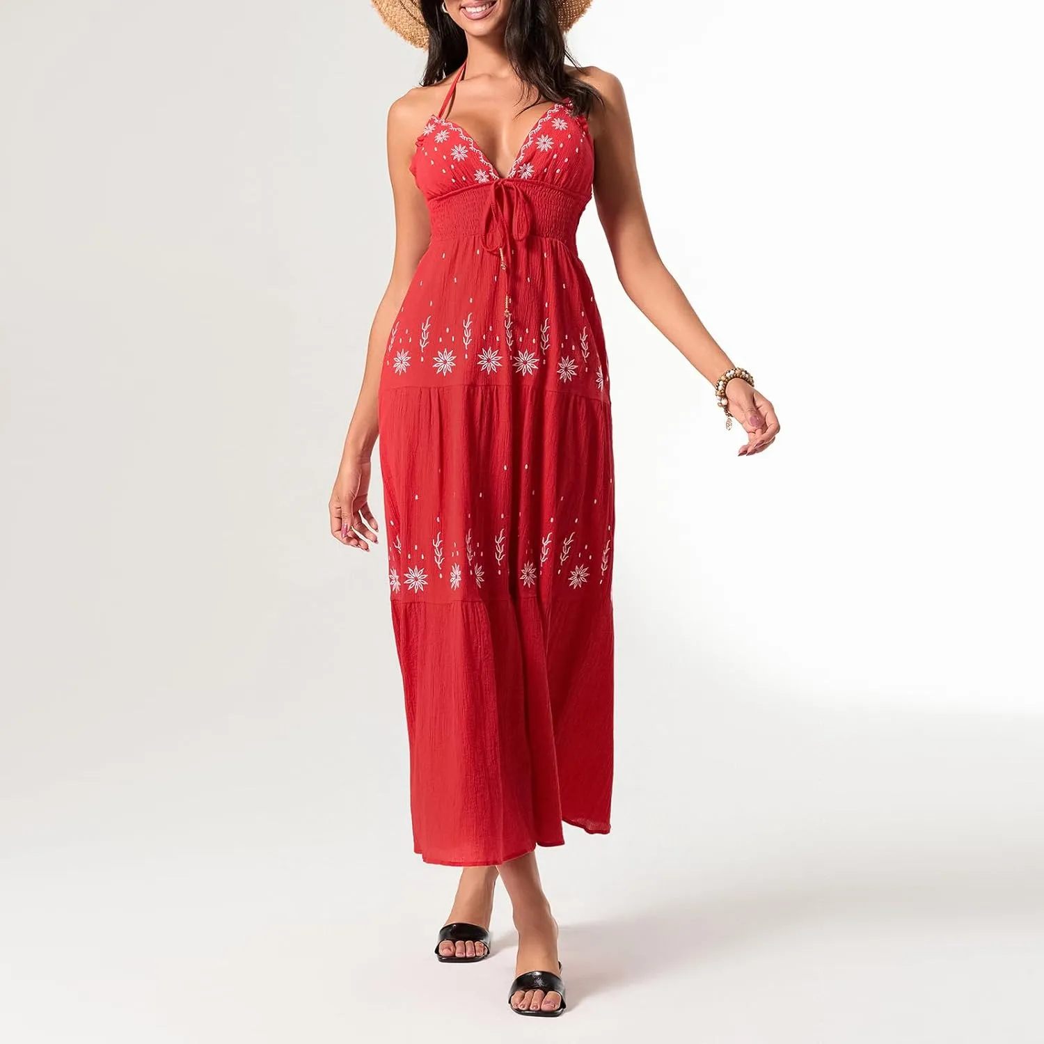 Women Summer Casual Long Flower Embroidery Tie-Up Halter Neck Sleeveless Fashion Backless A-line Dress